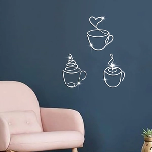 Three silver mirror coffee cup acrylic wall stickers shown on a dark blue wall decor