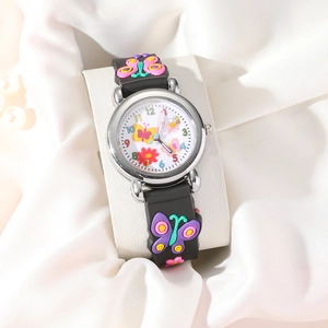 Detail view of children's quartz watch with 3D butterfly silicone strap and large dial
