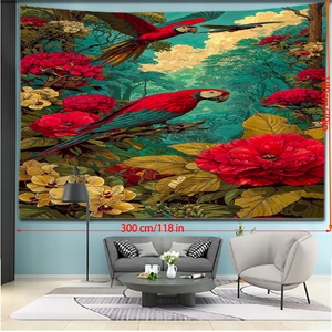 Detail showing tropical tapestry size 300cm by 180cm with parrots and jungle flowers