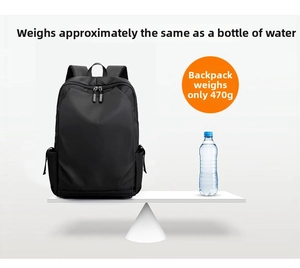 Lightweight black business backpack weighing only 470g compared to water bottle