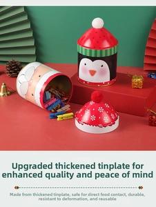 Thickened food-grade Christmas tinplate box with Santa and penguin festive patterns