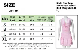 Size chart for pink hollow-out crop top and tiered mini skirt set with detailed measurements
