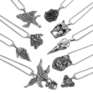 Set of 9 silver hip hop punk necklaces with animal and skull pendants on box chains