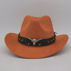 Detail of western cowboy hat featuring a black leather band with silver bull head buckle