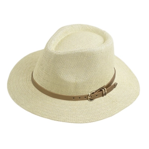 Beige Panama straw hat with a wide brim and brown leather belt detail on white background