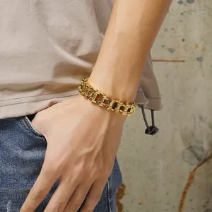 Men's bold golden stainless steel bicycle chain bracelet with industrial rock style