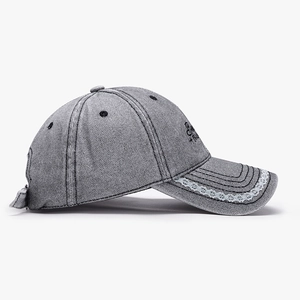 Vintage grey denim baseball cap with lace trim edge and gothic letter embroidery