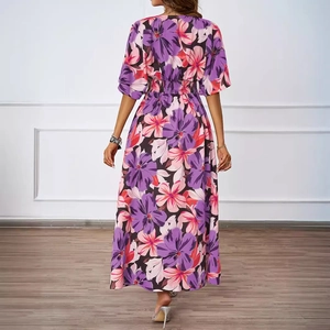 Damen V-Ausschnitt Maxikleid mit Blumenmuster und elastischer Taille in Violett und Rosa