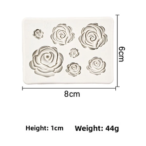 Detailed size view of 7-cavity 3D rose silicone mold for fondant and cake decorating