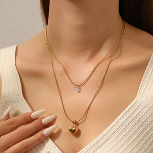 Double Layer Necklace 18K Gold Plated 304 Stainless Steel Snake Chain Heart Pendants Zircon Elegant Jewelry For Women