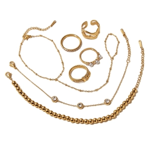 8-piece gold stainless steel jewelry set with pearls and zircons rings and bracelets