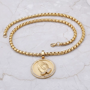 Hip hop gold stainless steel round medallion pendant with praying hands on marble