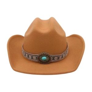 Detail of tan felt cowboy hat featuring ethnic woven band with oval turquoise stone