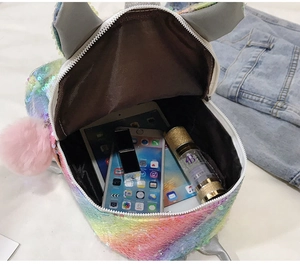 Interior view of the sequin unicorn backpack showing spacious storage for gadgets