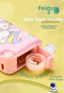 Detail of pink stationery box featuring a built-in tape dispenser with cartoon patterns