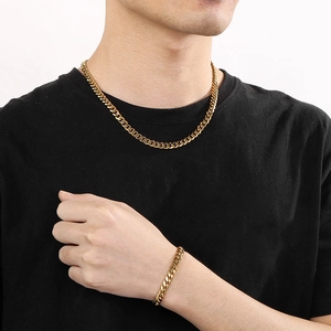 Men's hip hop gold Cuban link necklace and bracelet set in polished stainless steel