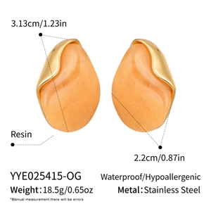 Detail view of gold chunky resin earrings showing exact dimensions and material specs