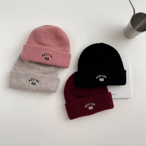 Winter wool knit beanie hats for kids with embroidered Boston 23 patch in four colors