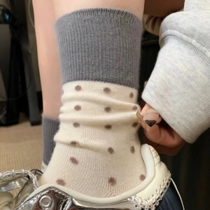 Women Crew Socks Cotton Blend Polka Dot Contrasting Rib Cuffs Vintage Japanese Style Stretchy Soft Breathable Accessory