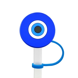 Blue silicone evil eye straw topper for reusable cups with dustproof plug design