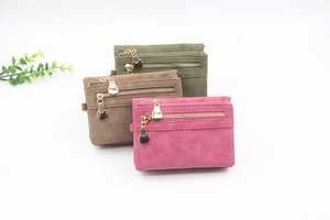 Short retro leather wallets in army green, brown, and rose red with gold zippers