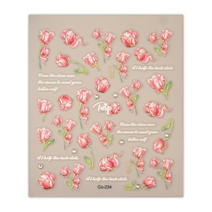3D embossed pink tulip nail stickers with elegant gold trim and floral patterns