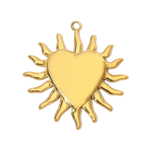 Detailed view of a golden sunburst heart pendant crafted in polished stainless steel