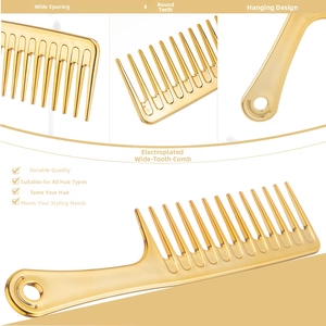 Close-up of golden wide-tooth comb showing smooth rounded teeth and electroplated finish