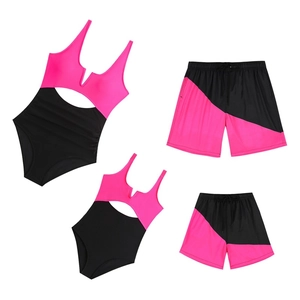Matching family swimwear set in neon pink and black featuring V-neck and drawstring details