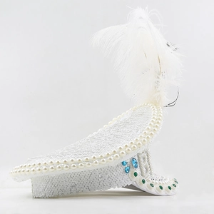 Luxury white sequin captain hat with rhinestones, pearls and soft white feathers