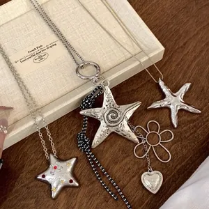 Alloy Star Seastar Pendant Necklace For Women Retro Punk Style Silver Color Heart Flower Charms Jewelry Accessory