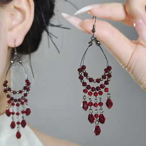 Wine Red Faceted Glass Bead Tassel Earrings Gun Black Alloy Teardrop Dangle Retro Bohemian Elegant Style For Women