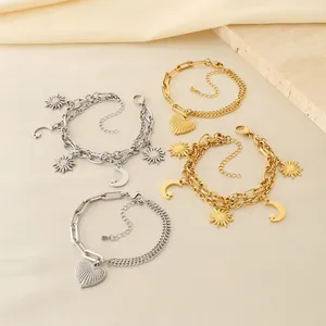 Stainless Steel Gold Plated Heart Sun Moon Pendant Bracelet Layered Link Chain Stylish Commuter Jewelry Accessory For Women
