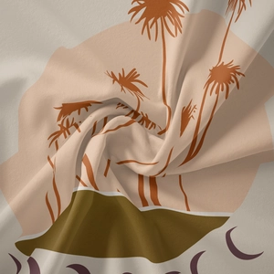 Detailed texture of bohemian tapestry fabric with palm and sun abstract art prints