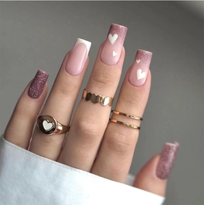 French Style Press On Nails Glitter Sparkle White Heart Design Nude Pink Square Long Fake Nails For Women
