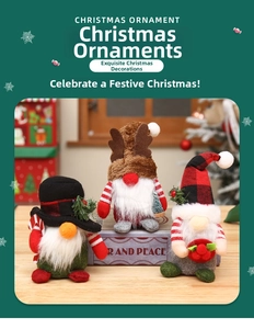 Set of three Christmas gnomes with plaid hats and antlers on a wooden table setup