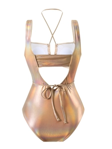 Metallic laser gold monokini with hollow out drawstring and high cut swimsuit design