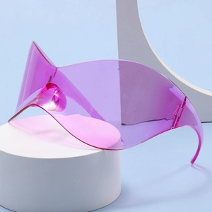 Futuristic Y2K oversized one-piece purple sunglasses on minimalist display stands