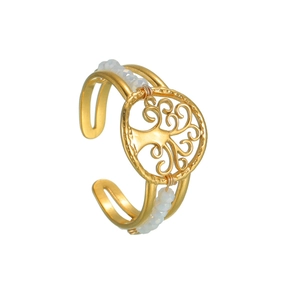 Adjustable 18k gold tree of life ring with white beads and open double layer band