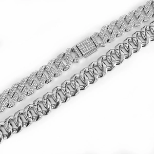 15mm silver cuban link chain set with square buckle and iced out clear stones