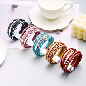 Bracelet Multi-rangs Bohème Cuir Alliage Perles Tressé Style Rétro Avec Fermoir Magnétique Pour Femme