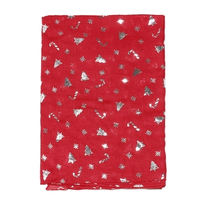 Festive red Christmas scarf with silver foil Christmas tree and snowflake prints