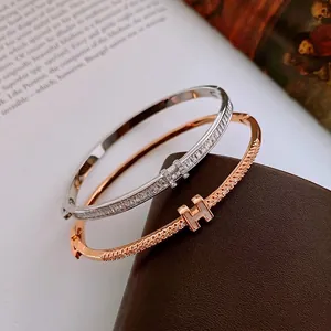 Elegant Bangle Copper Real Gold Plated Zircon Inlay Initial Letter Hinge Buckle Niche Style Jewelry For Women