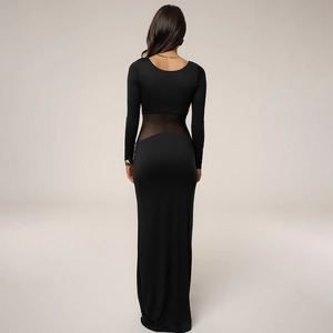 Robe midi noire à manches longues avec empiècement en résille et coupe ajustée