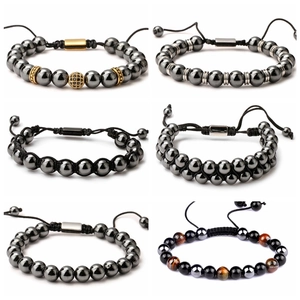 Handmade Beaded Bracelet Natural Tiger Eye Hematite Stone Adjustable Woven Rope Jewelry Gift Unisex