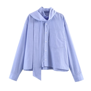 Women Striped Blouse Polyester Long Sleeve Scarf Neck Elegant Office Commuter Shirt