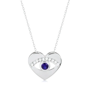 Close-up of S925 silver heart pendant featuring a blue evil eye and white crystals