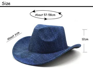 Size chart showing 57-58cm circumference and 8cm brim of the denim western cowboy hat