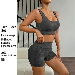 Women's Ribbed Seamless Yoga Set Quick Dry Workout Outfits High Waist Sports Bra And Gym Shorts Top And Bottom