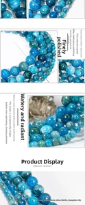 Detail showing natural blue apatite beads with high polish and gradient peacock tones